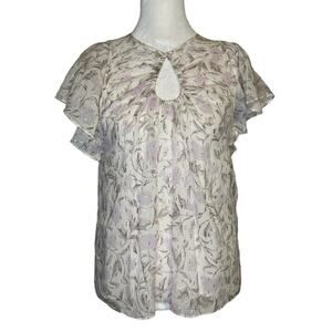 Rebecca Taylor Cream Blush Floral Keyhole Flutter Sleeve Blouse